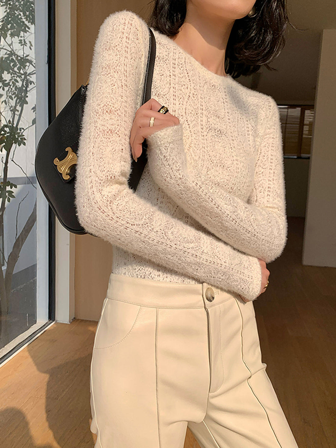 Çiçekli Hollow Knit Yuvarlak Yaka Uzun Kollu Üst