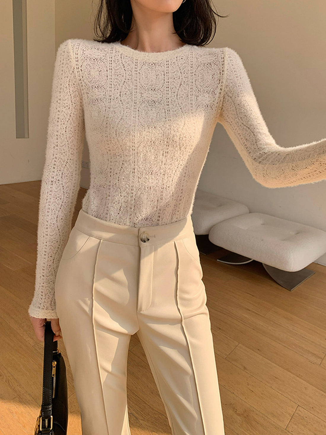 Çiçekli Hollow Knit Yuvarlak Yaka Uzun Kollu Üst