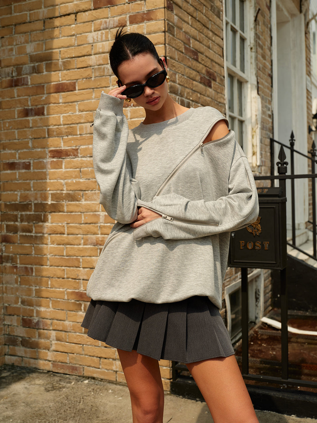 Düz Fermuarlı Bol Sweatshirt
