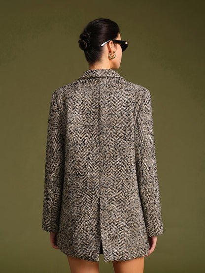 Chevron Tweed Kemerli Blazer